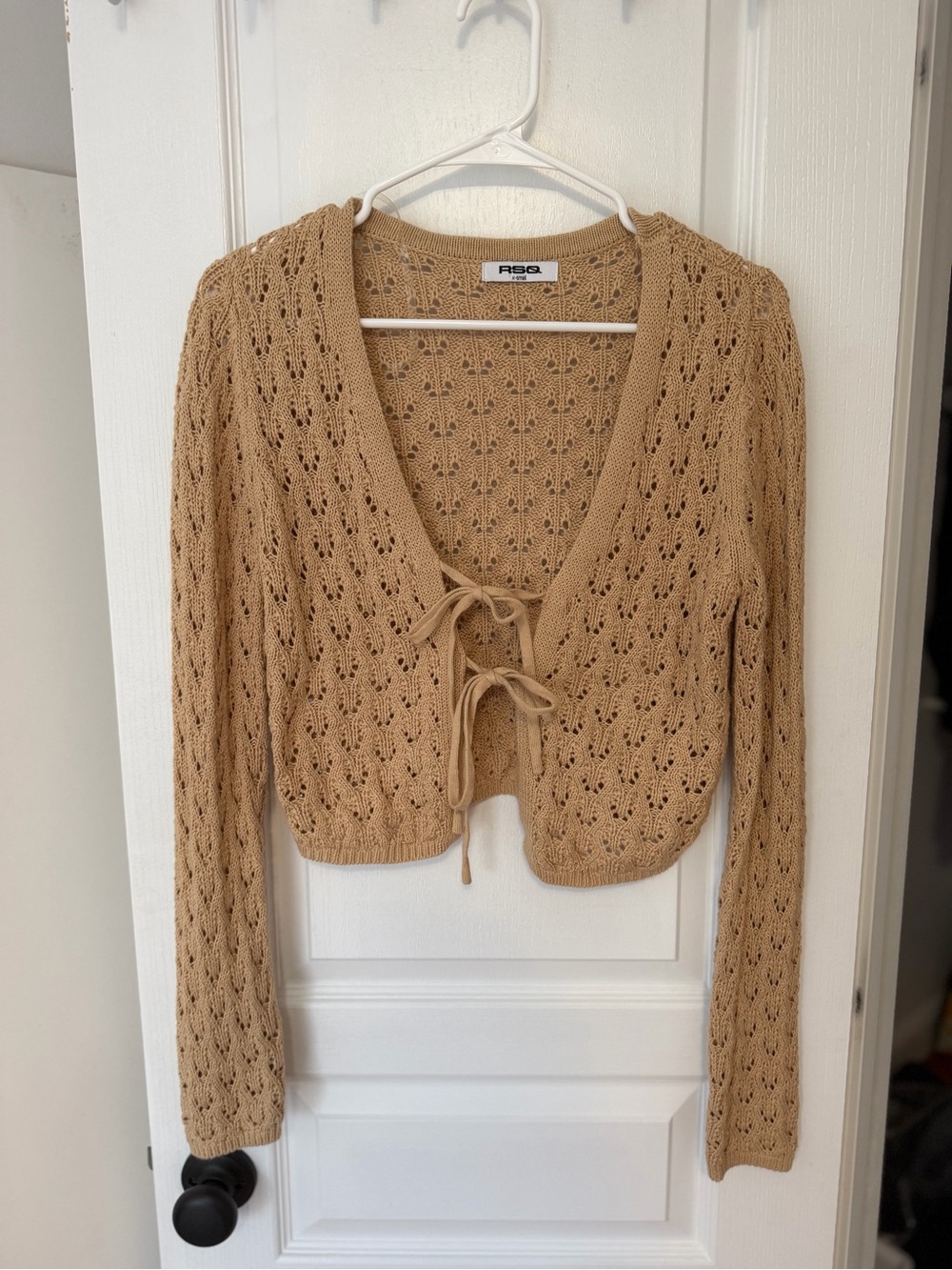 Openwork Tie-Front Cropped Sweater Cardigan in Camel